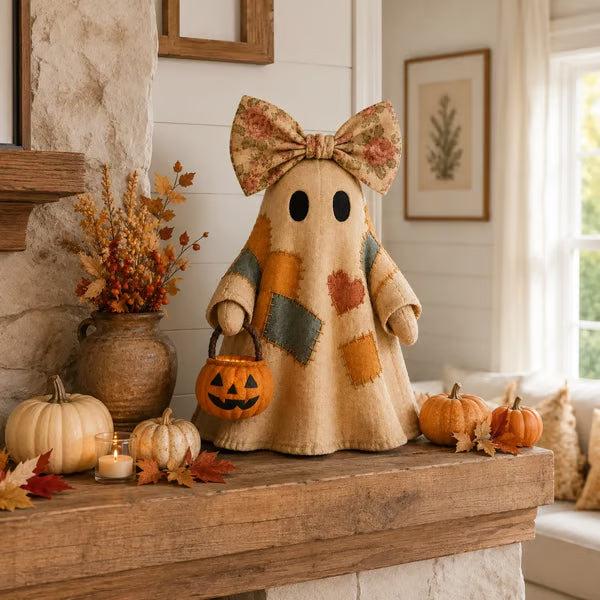 Autumn Patchwork Ghost Doll – Cozy Fall Shelf Decor with Pumpkin Accent