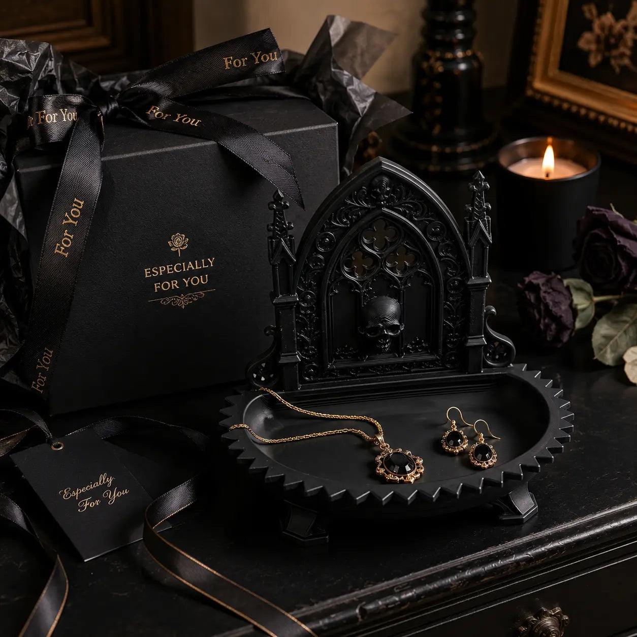 Gothic Cathedral Skull Jewelry Tray – Dark Vintage Desk Organizer