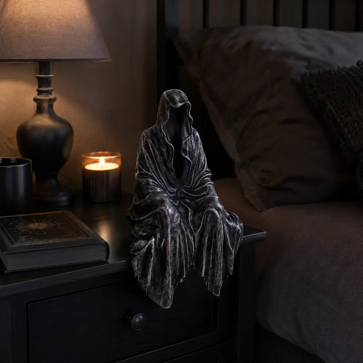 Gothic Black Robe Sitting Statue – Dark Fantasy Shelf Decor