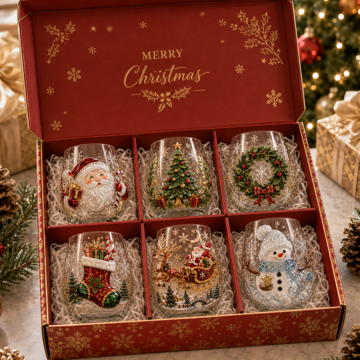 🎄 Christmas Magic 3D Glass Cup Collection – 6 Festive Holiday Designs