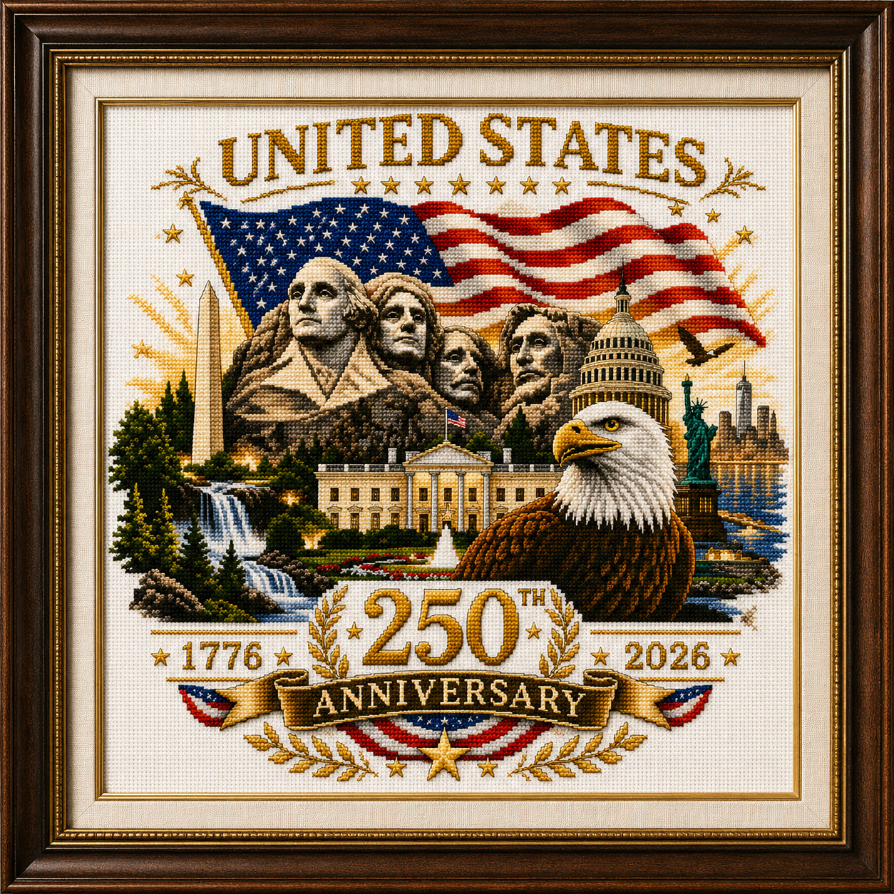 United States 250th Anniversary Cross Stitch Kit – Patriotic Americana Embroidery Art (1776–2026 Edition)