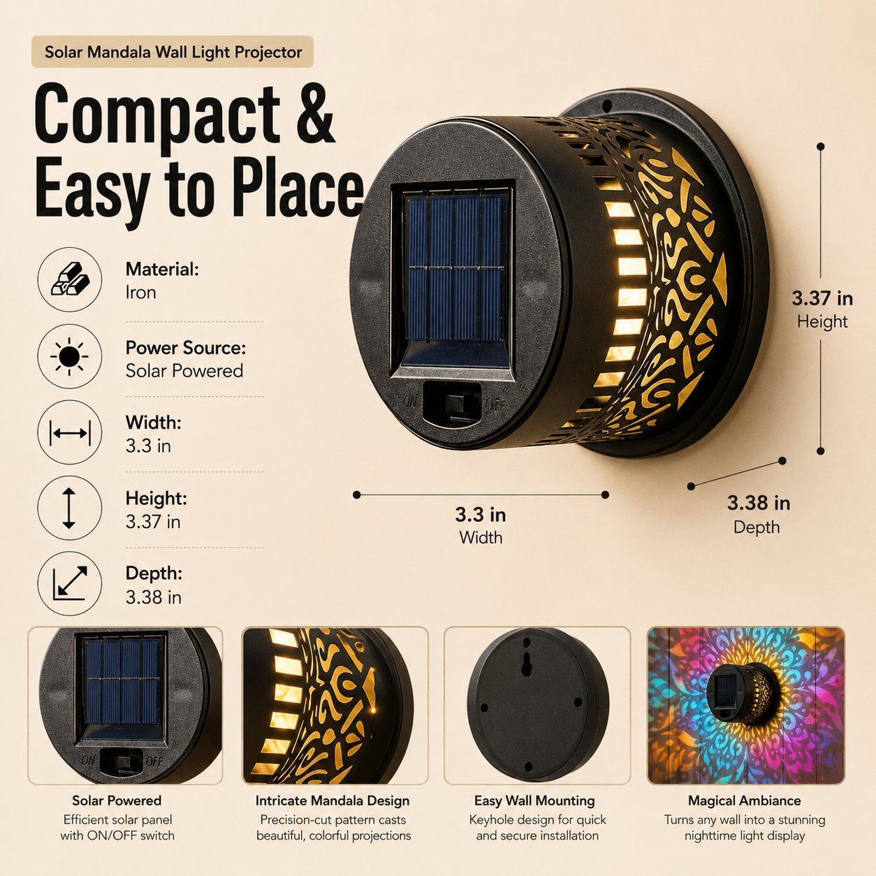 Solar Mandala Wall Light Projector for Garden, Patio & Fence Decor