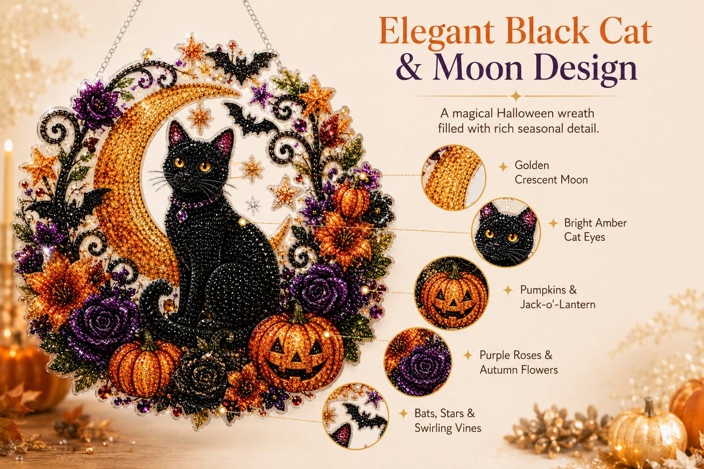 🎃🎃Black Cat Moon Diamond Art Hanging Ornament Kit – Relaxing DIY Halloween Craft