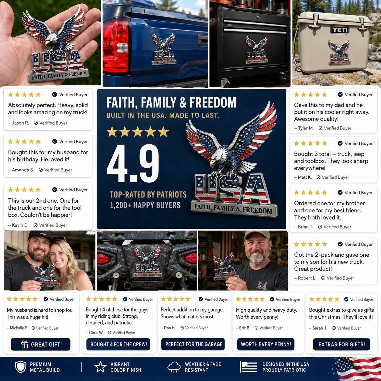 USA 250th Anniversary Metal Emblem | Faith, Family & Freedom Auto Badge