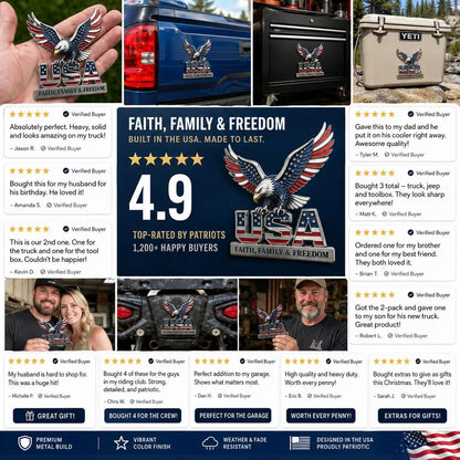 USA 250th Anniversary Metal Emblem | Faith, Family & Freedom Auto Badge