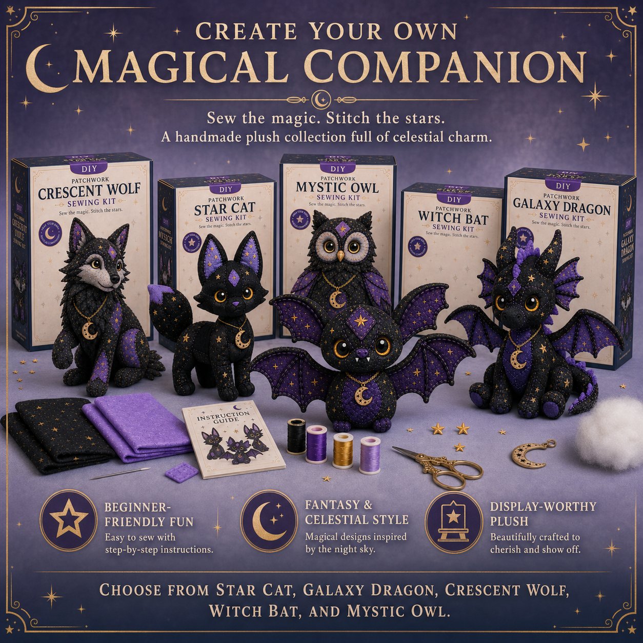 Mystic Patchwork Animal Sewing Kit – DIY Plush Craft Kit with Starry Fabric & Moon Charm