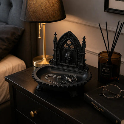 Gothic Cathedral Skull Jewelry Tray – Dark Vintage Desk Organizer