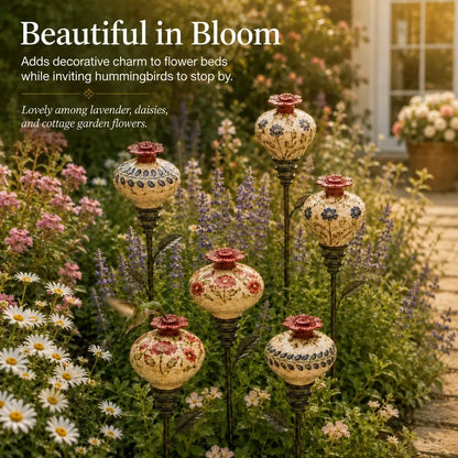 Vintage Ceramic Hummingbird Feeder Garden Stake – Hand-Painted Floral Outdoor Decor