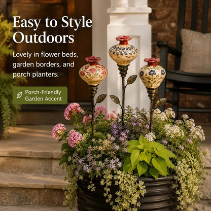 Vintage Ceramic Hummingbird Feeder Garden Stake – Hand-Painted Floral Outdoor Decor