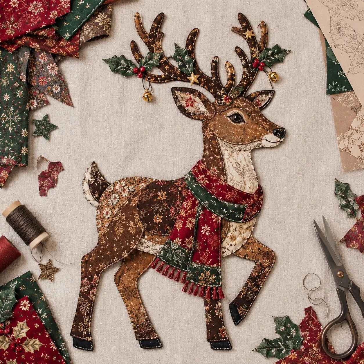 🎄 Christmas Patchwork Fabric DIY Kit – Handmade Holiday Decor