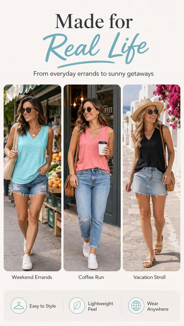 Women's Summer Sleeveless V-Neck Tank Top – Flattering Loose Fit Everyday Casual Tee☀️