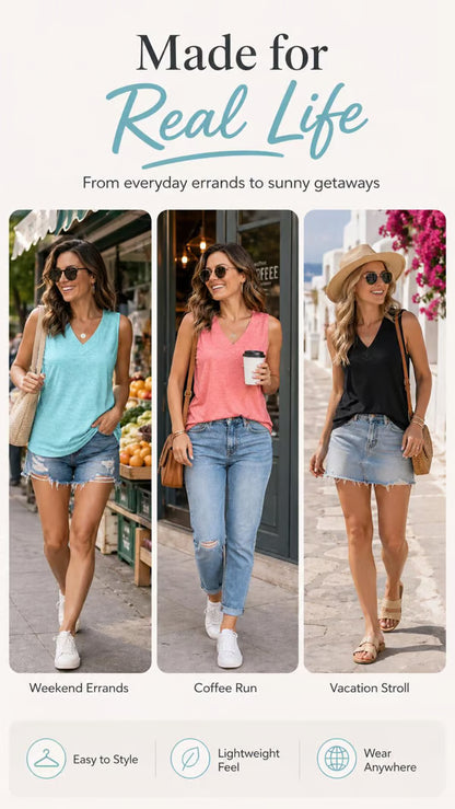 Women's Summer Sleeveless V-Neck Tank Top – Flattering Loose Fit Everyday Casual Tee☀️