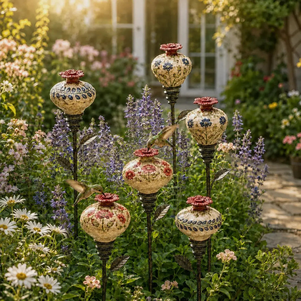 Vintage Ceramic Hummingbird Feeder Garden Stake – Hand-Painted Floral Outdoor Decor