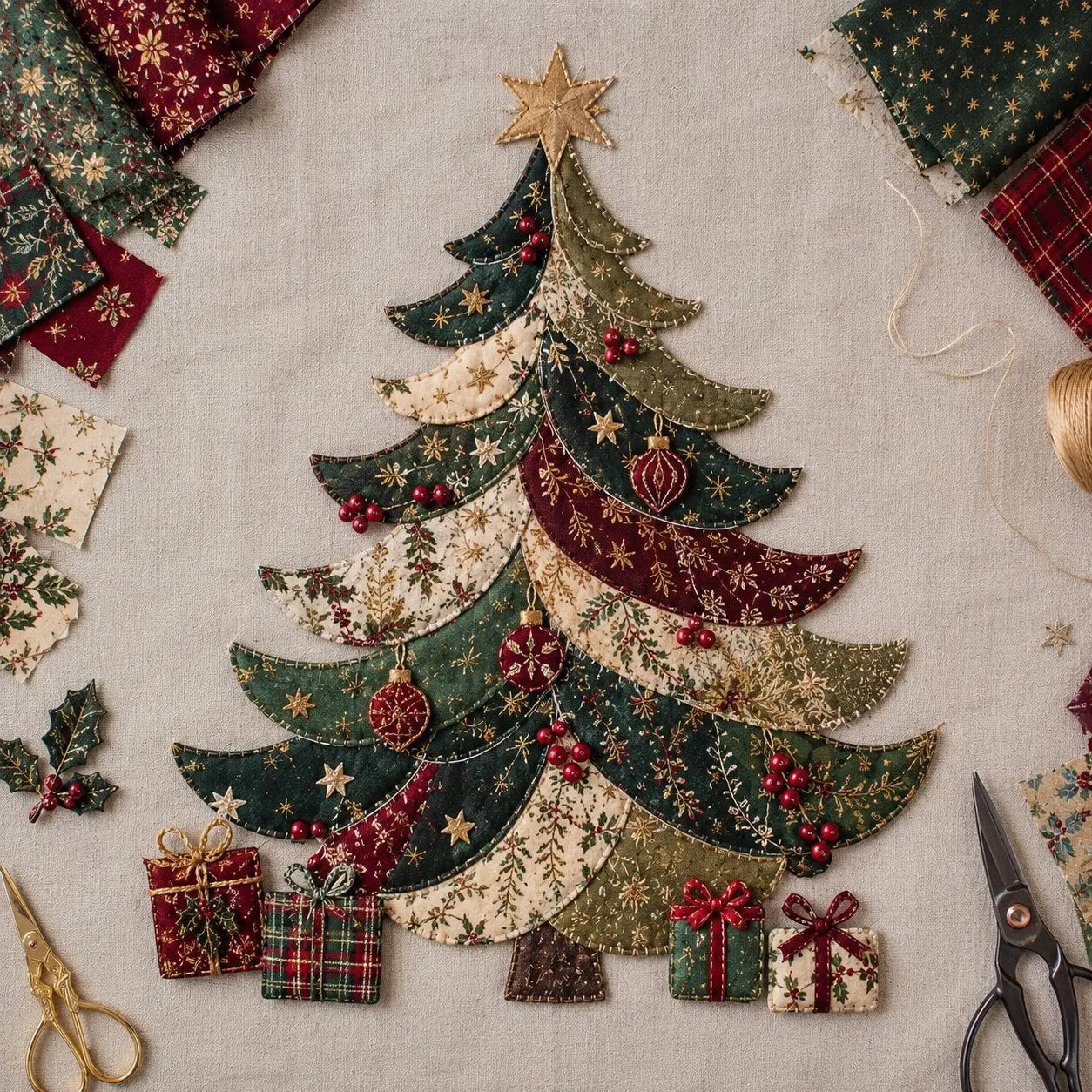 🎄 Christmas Patchwork Fabric DIY Kit – Handmade Holiday Decor