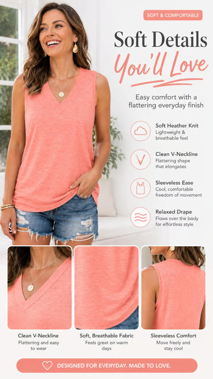 Women's Summer Sleeveless V-Neck Tank Top – Flattering Loose Fit Everyday Casual Tee☀️