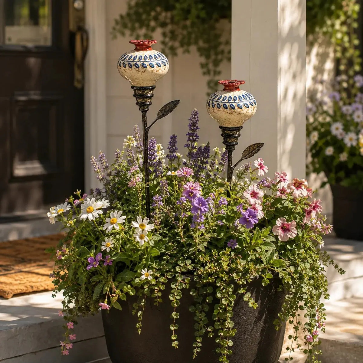 Vintage Ceramic Hummingbird Feeder Garden Stake – Hand-Painted Floral Outdoor Decor