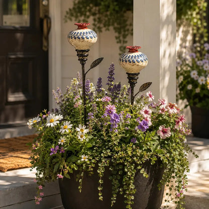Vintage Ceramic Hummingbird Feeder Garden Stake – Hand-Painted Floral Outdoor Decor