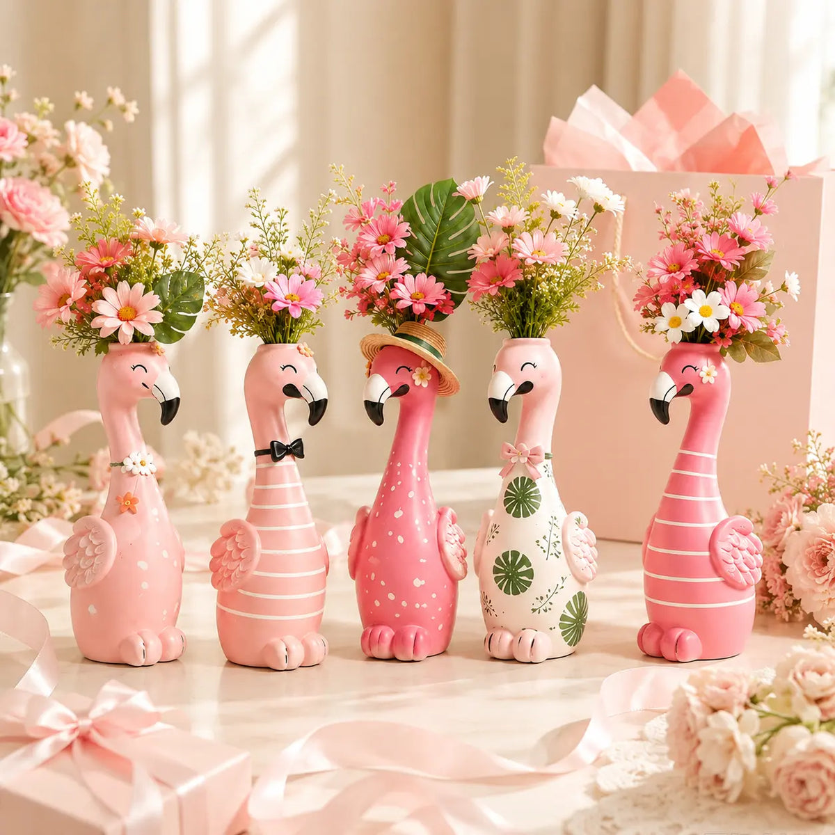 🦩 Cute Flamingo Figurine Vase | 5-Style Tropical Tabletop Decor