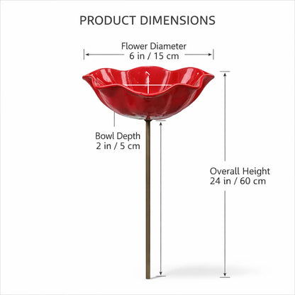 🌺 Red Poppy Metal Garden Stake – Mini Bird Bath & Pollinator Water Station