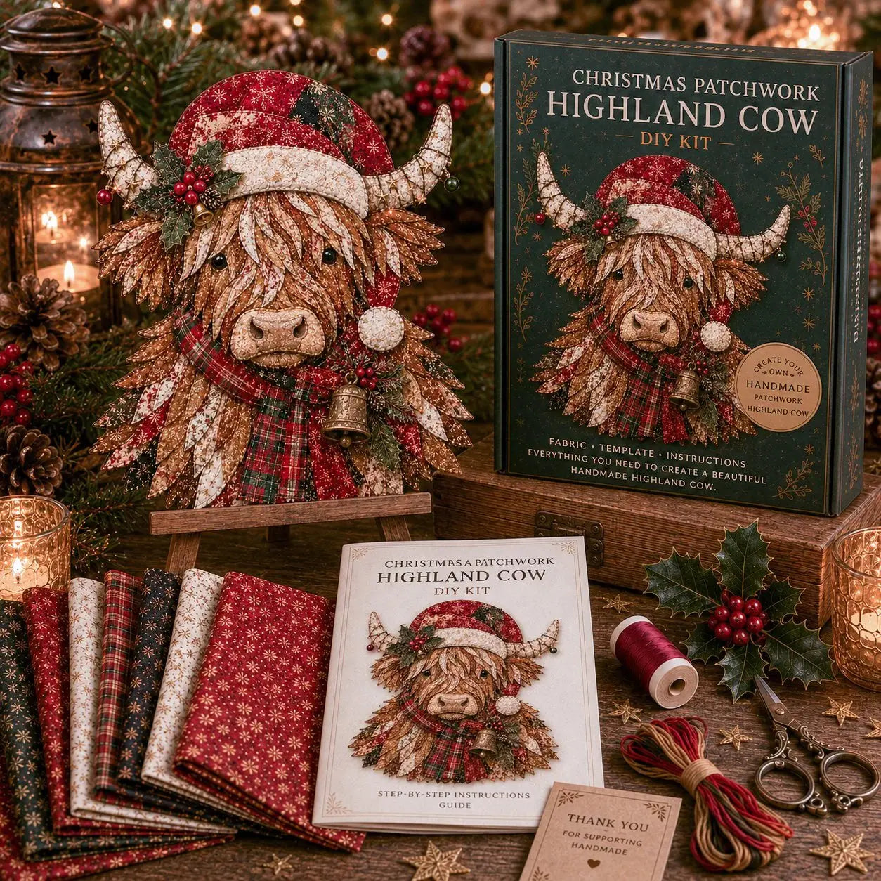 🎄 Christmas Patchwork Fabric DIY Kit – Handmade Holiday Decor