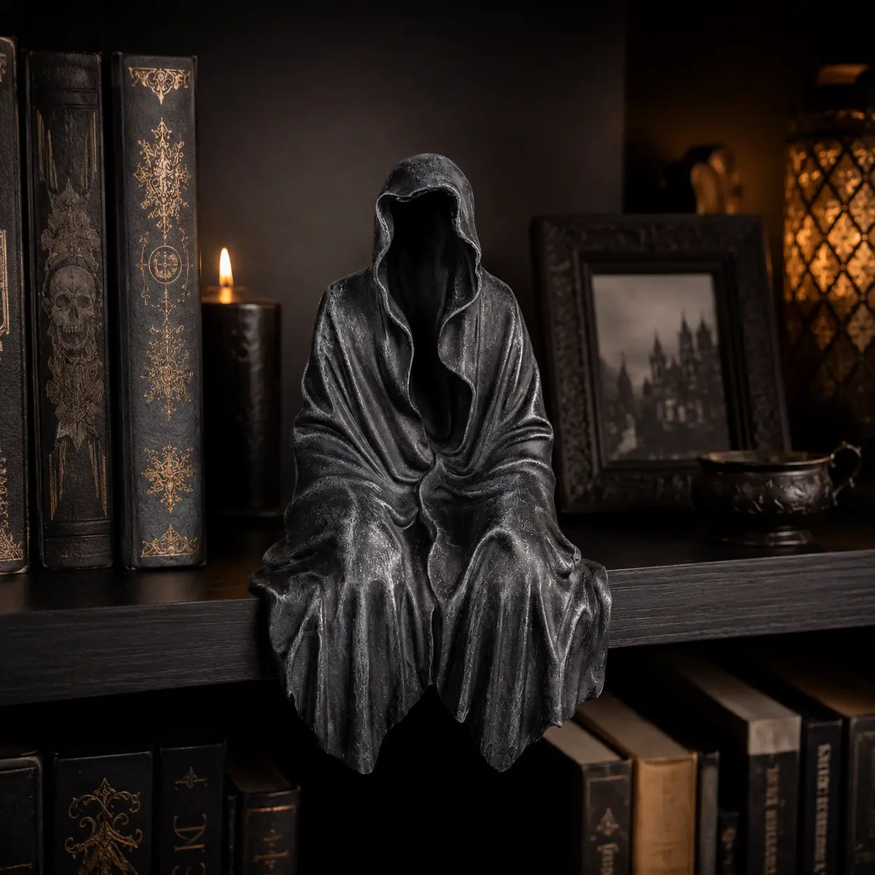 Gothic Black Robe Sitting Statue – Dark Fantasy Shelf Decor