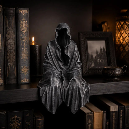 Gothic Black Robe Sitting Statue – Dark Fantasy Shelf Decor