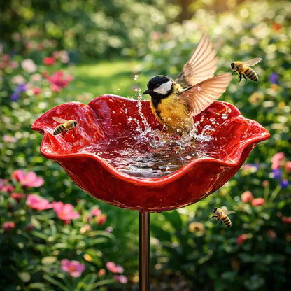 🌺 Red Poppy Metal Garden Stake – Mini Bird Bath & Pollinator Water Station