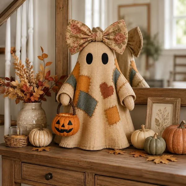 Autumn Patchwork Ghost Doll – Cozy Fall Shelf Decor with Pumpkin Accent