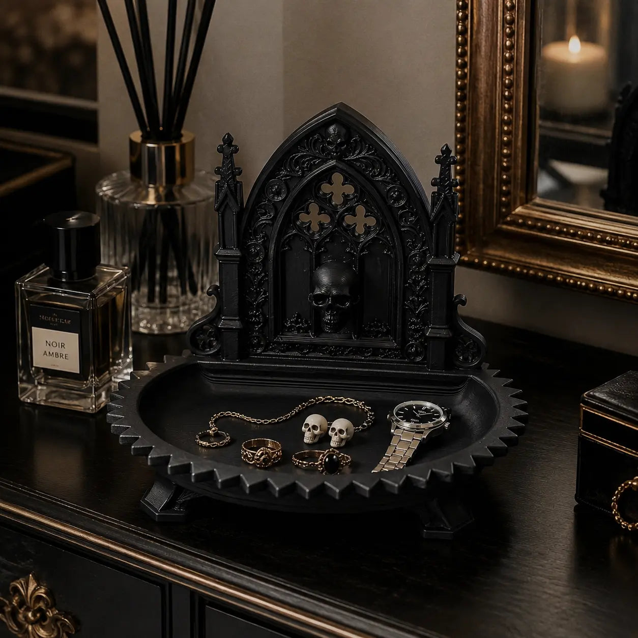 Gothic Cathedral Skull Jewelry Tray – Dark Vintage Desk Organizer