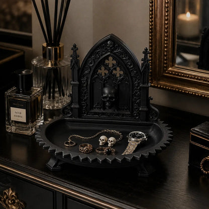 Gothic Cathedral Skull Jewelry Tray – Dark Vintage Desk Organizer