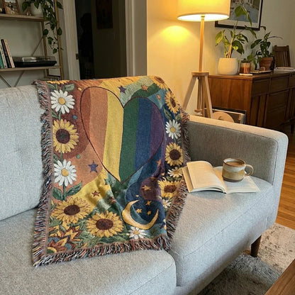 🏳️‍🌈2026 Handmade Woven Pride Blanket – Rainbow Heart Throw for Sofa, Bed & Wall Décor