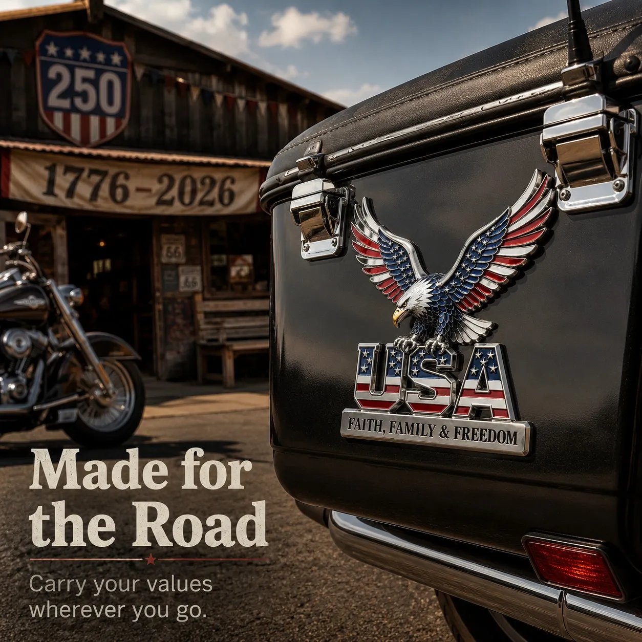 USA 250th Anniversary Metal Emblem | Faith, Family & Freedom Auto Badge