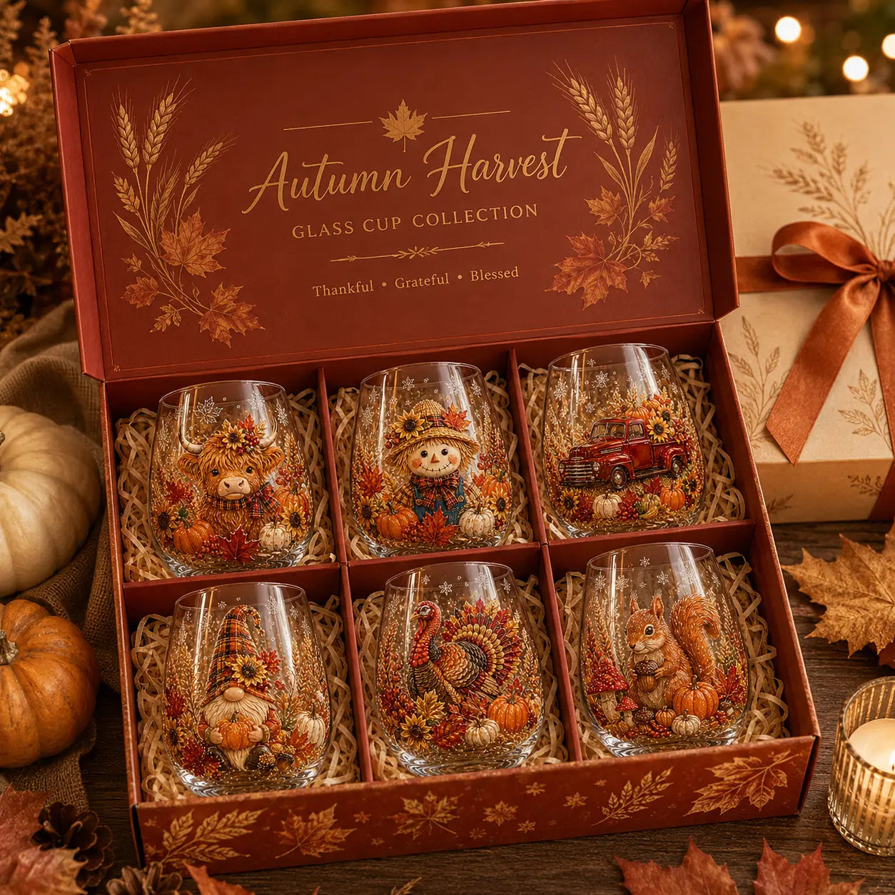 🍂 Autumn Harvest 3D Glass Cup Collection – Fall & Thanksgiving Drinkware