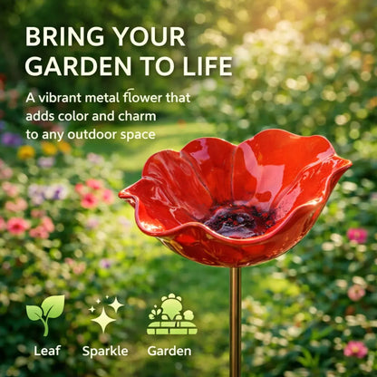 🌺 Red Poppy Metal Garden Stake – Mini Bird Bath & Pollinator Water Station