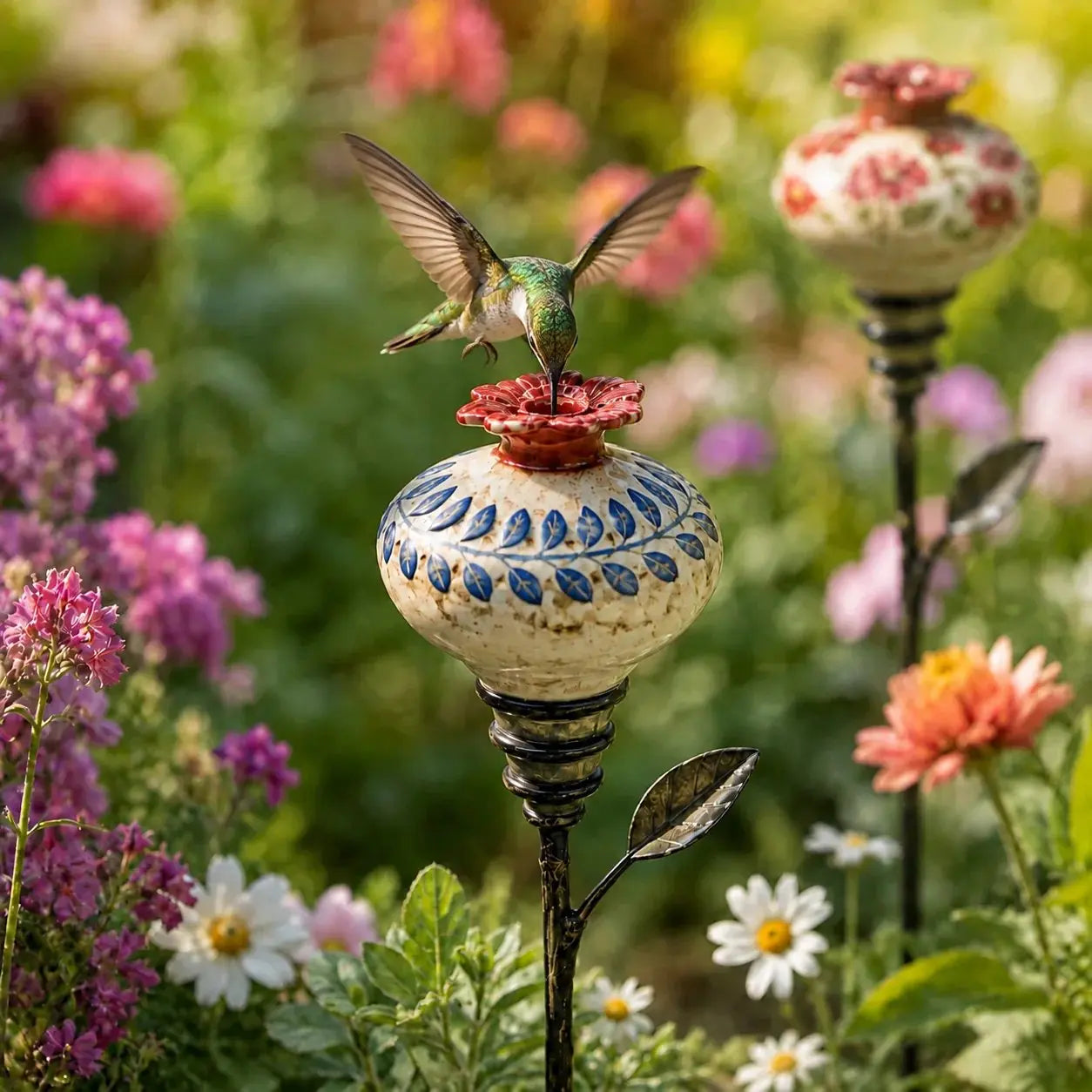 Vintage Ceramic Hummingbird Feeder Garden Stake – Hand-Painted Floral Outdoor Decor