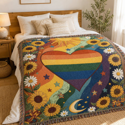 🏳️‍🌈2026 Handmade Woven Pride Blanket – Rainbow Heart Throw for Sofa, Bed & Wall Décor