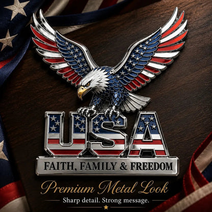 USA 250th Anniversary Metal Emblem | Faith, Family & Freedom Auto Badge
