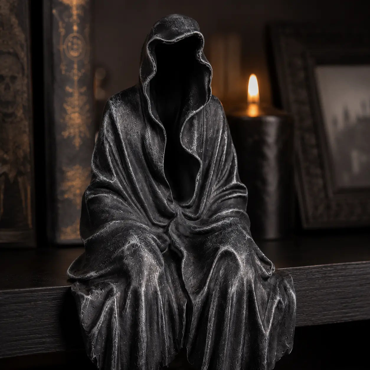 Gothic Black Robe Sitting Statue – Dark Fantasy Shelf Decor
