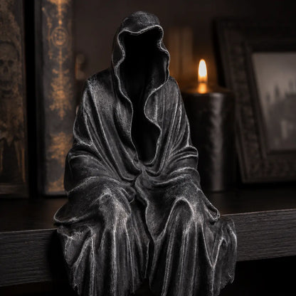 Gothic Black Robe Sitting Statue – Dark Fantasy Shelf Decor