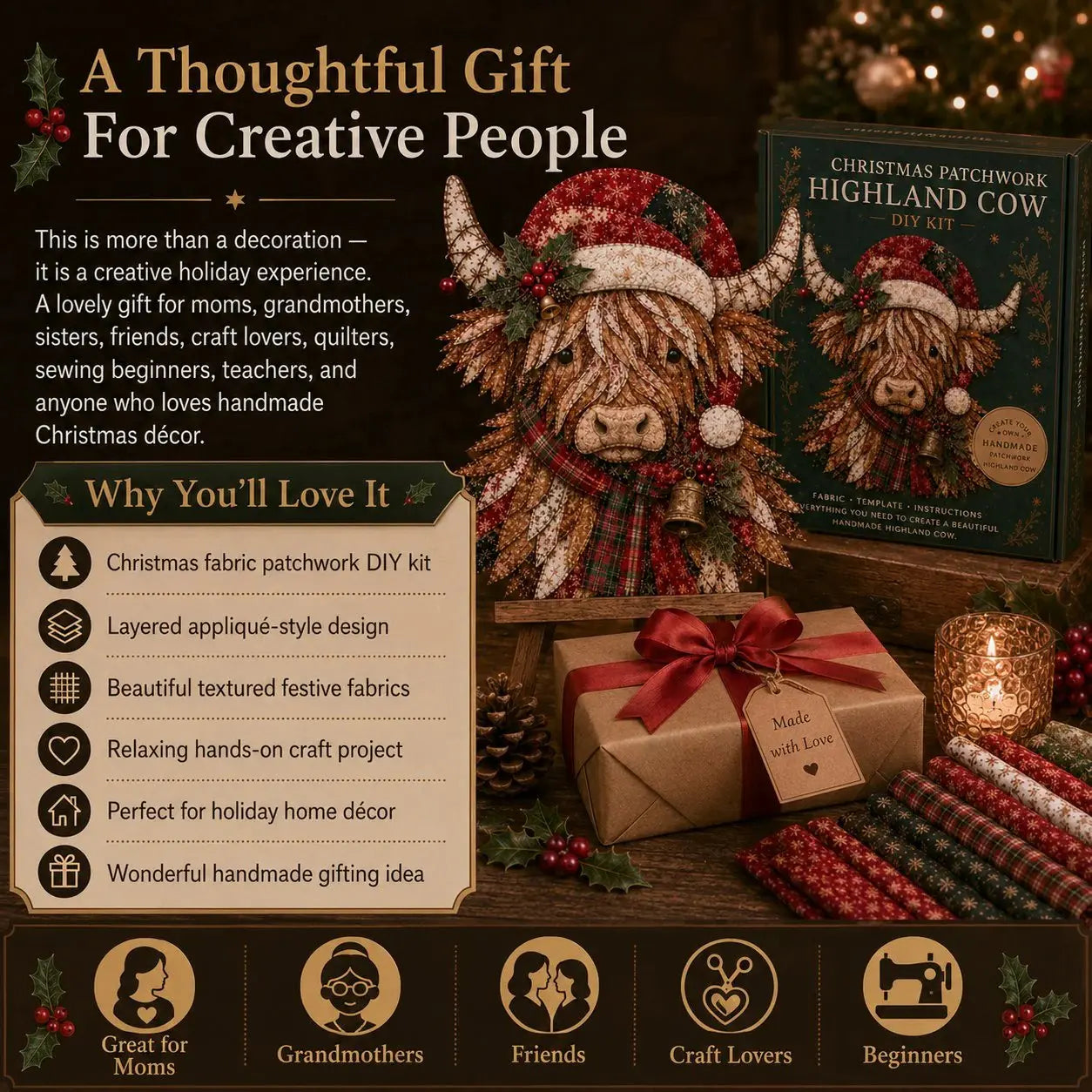 🎄 Christmas Patchwork Fabric DIY Kit – Handmade Holiday Decor