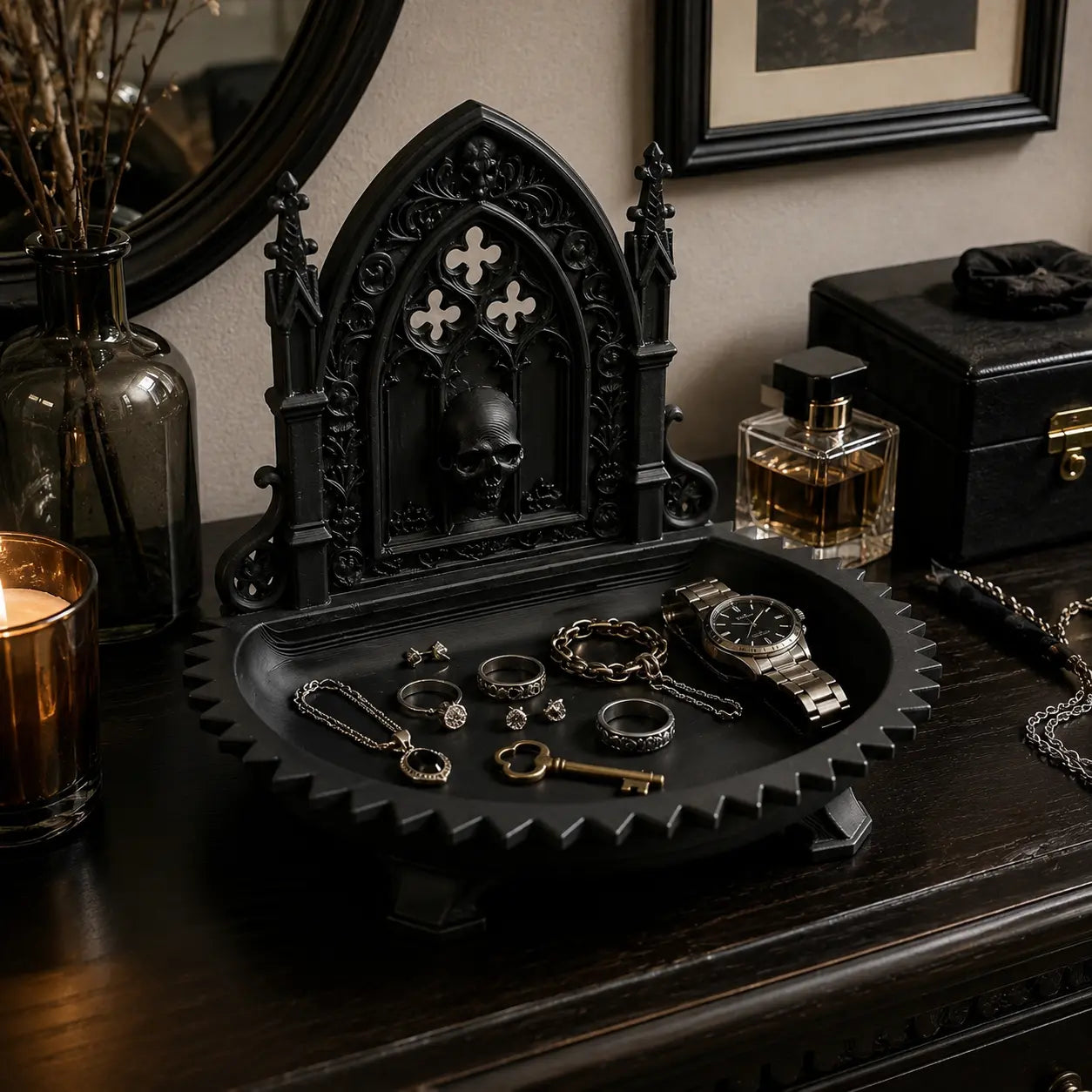 Gothic Cathedral Skull Jewelry Tray – Dark Vintage Desk Organizer