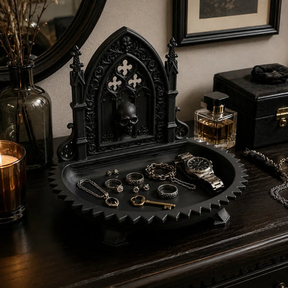 Gothic Cathedral Skull Jewelry Tray – Dark Vintage Desk Organizer