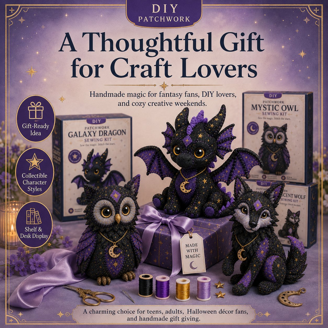 Mystic Patchwork Animal Sewing Kit – DIY Plush Craft Kit with Starry Fabric & Moon Charm