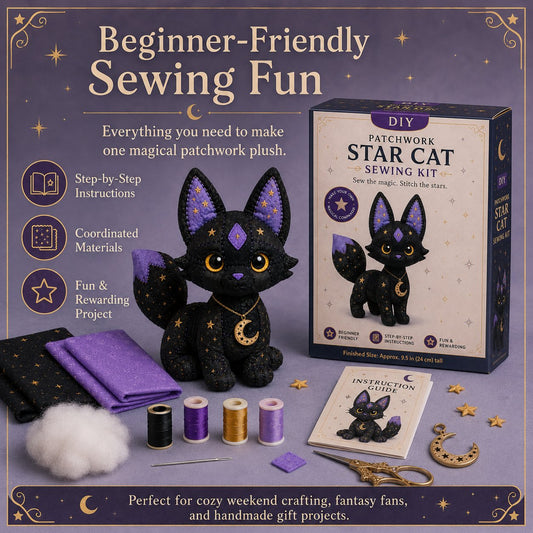 Mystic Patchwork Animal Sewing Kit – DIY Plush Craft Kit with Starry Fabric & Moon Charm