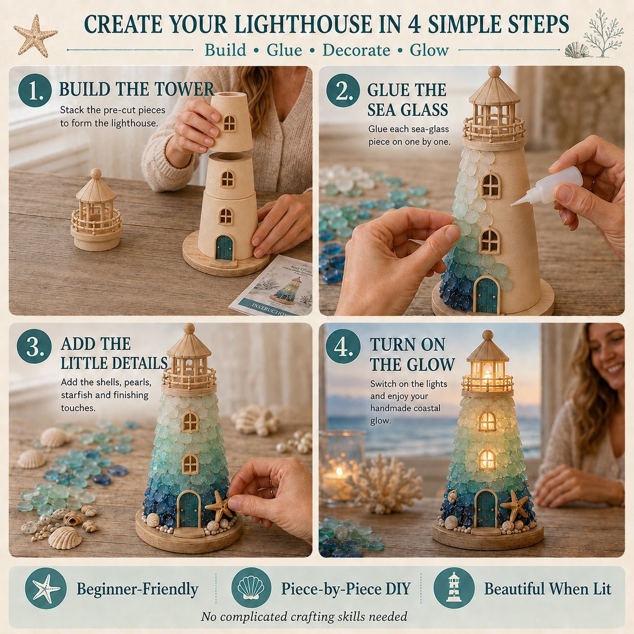 🌊 DIY 3D Sea Glass Lighthouse Kit | Light-Up Coastal Home Decor
