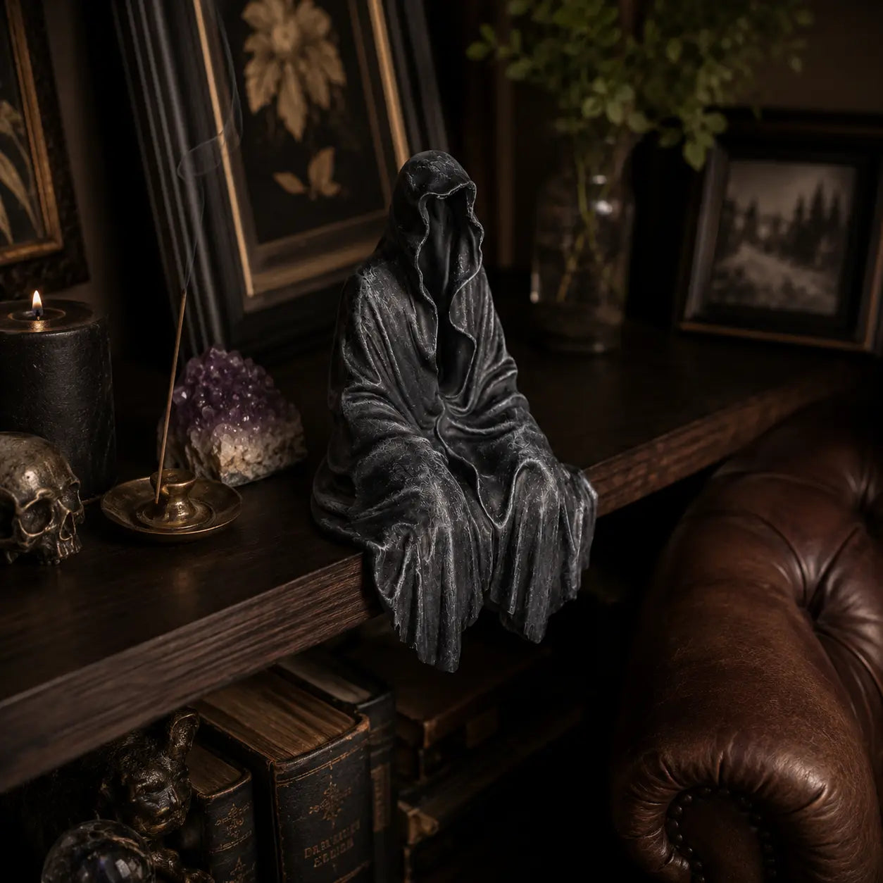 Gothic Black Robe Sitting Statue – Dark Fantasy Shelf Decor