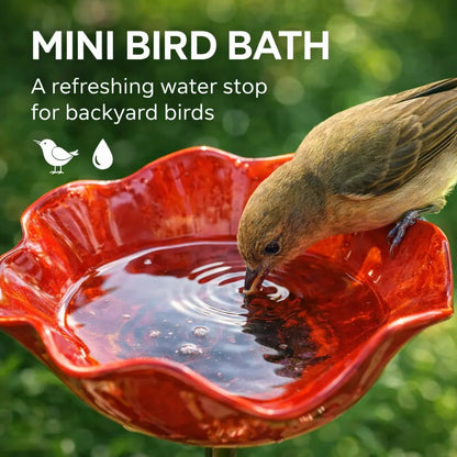 🌺 Red Poppy Metal Garden Stake – Mini Bird Bath & Pollinator Water Station