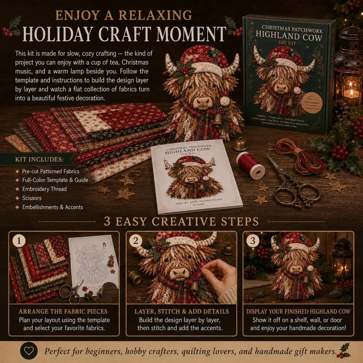 🎄 Christmas Patchwork Fabric DIY Kit – Handmade Holiday Decor