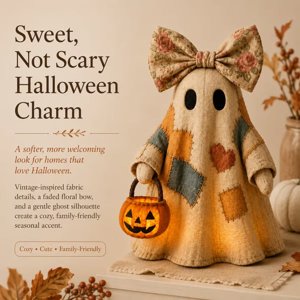 Autumn Patchwork Ghost Doll – Cozy Fall Shelf Decor with Pumpkin Accent