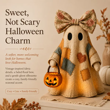 Autumn Patchwork Ghost Doll – Cozy Fall Shelf Decor with Pumpkin Accent